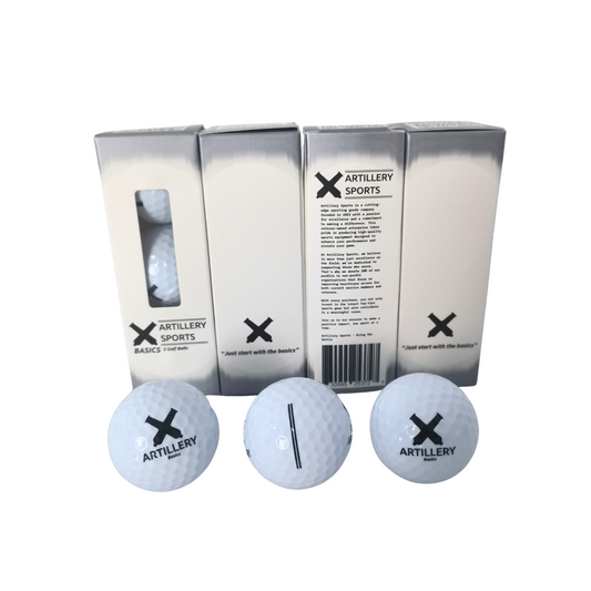 Artillery Basics Golf Balls - Front view with packaging and three balls