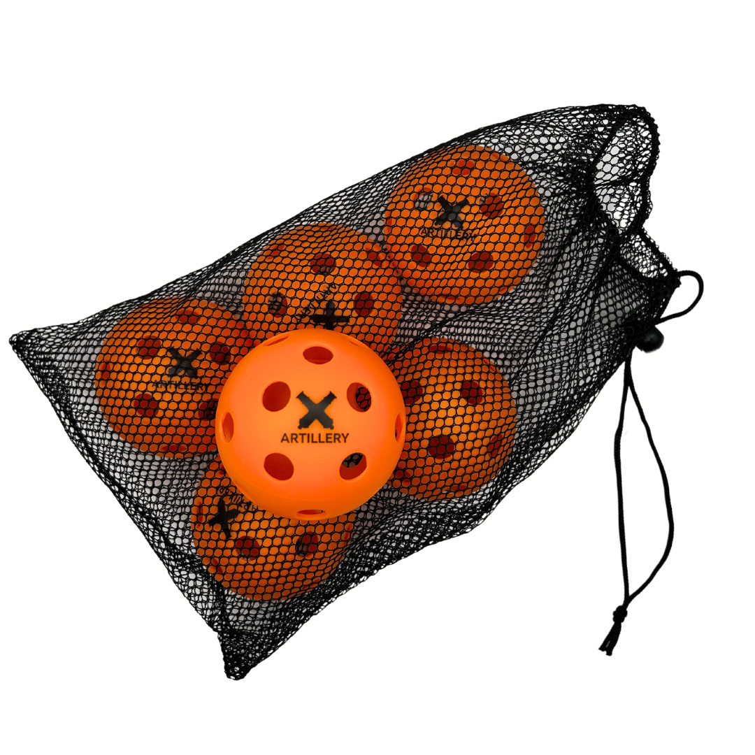 Carrier HE-1 Indoor Pickleballs - Six pack in black mesh carrying bag