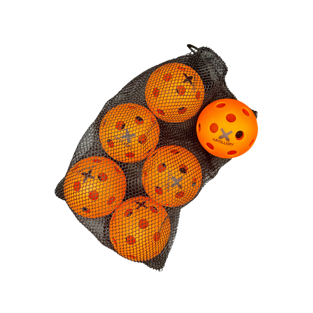 Carrier HE-1 Indoor Pickleballs - Top view of mesh bag with six balls
