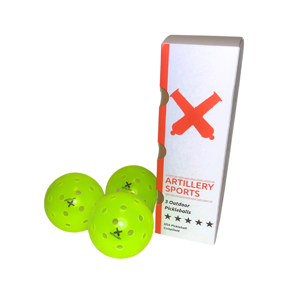 5-Star Series Outdoor Pickleballs 3-pack with box and three bright green pickleballs