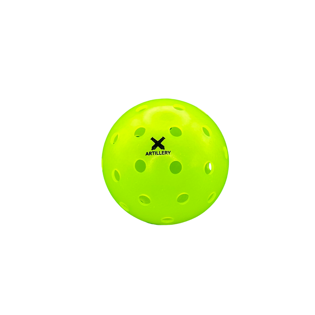 Close-up single Artillery Sports outdoor pickleball showing hole pattern