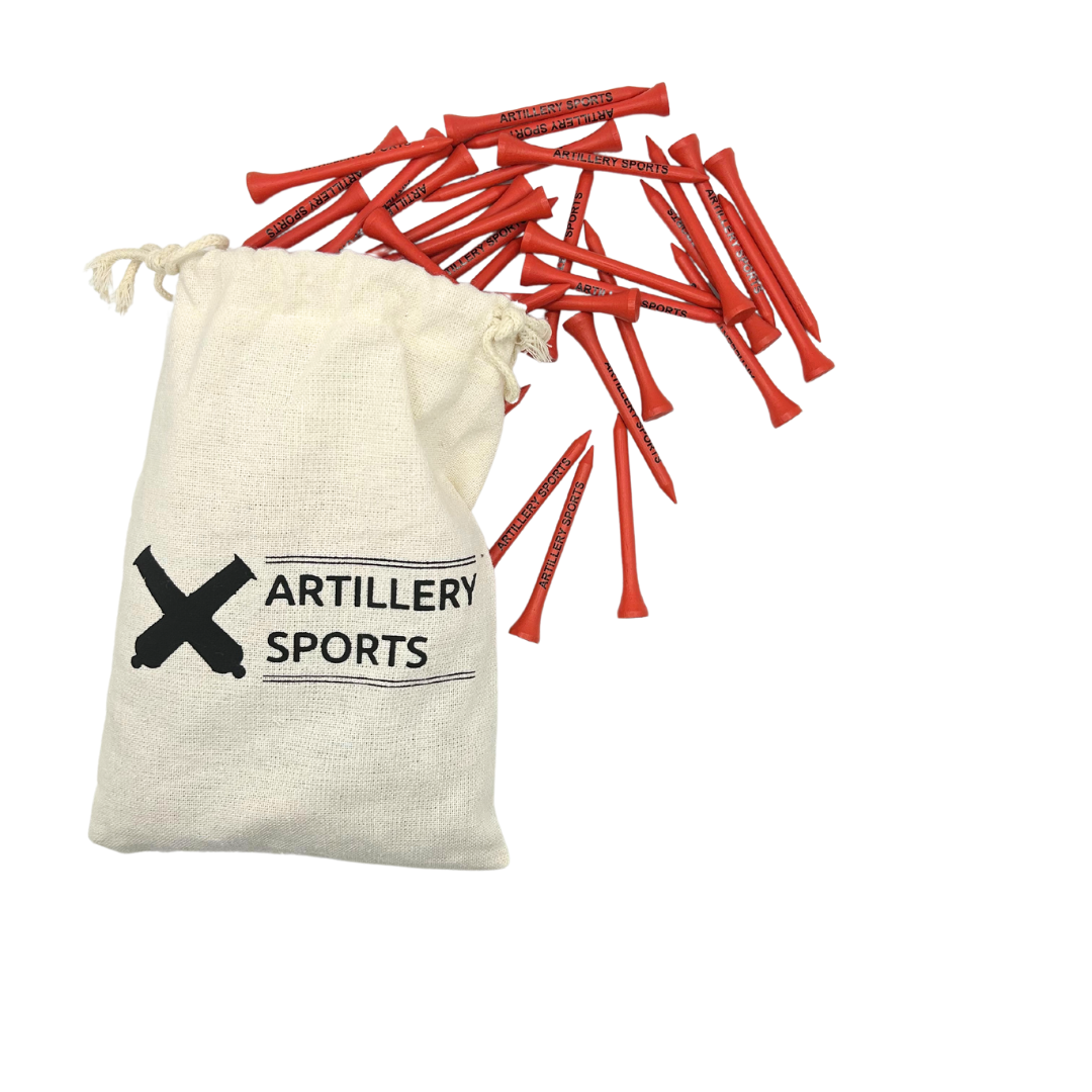 Red Leg Bamboo Golf Tees with storage bag and tees spilling out
