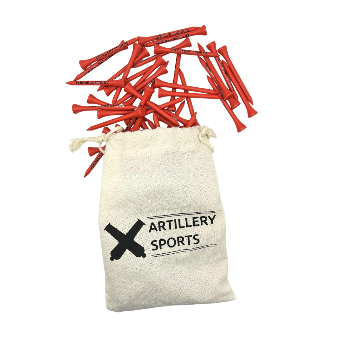 Red Leg Bamboo Golf Tees - Tees on top of Artillery Sports bag